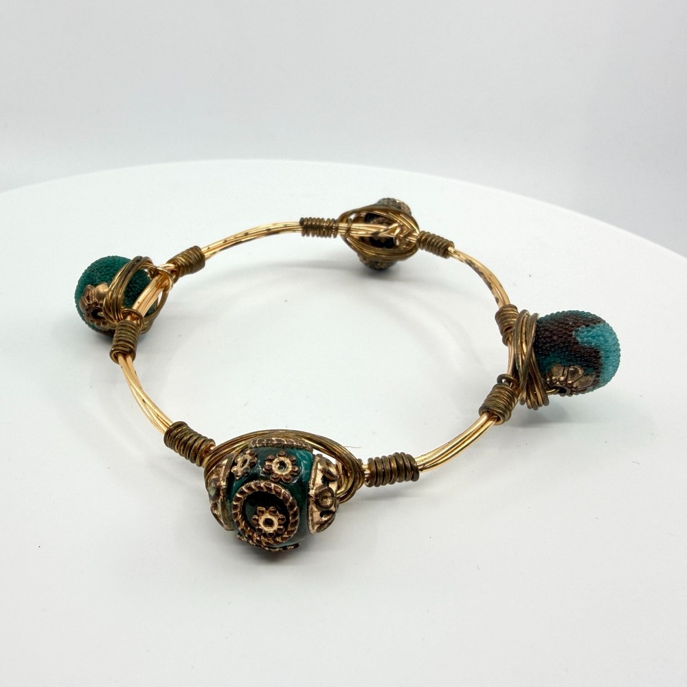 Vintage Boho Teal Beaded Wire-Wrapped Bangle Bracelet Gold Tone Retro
